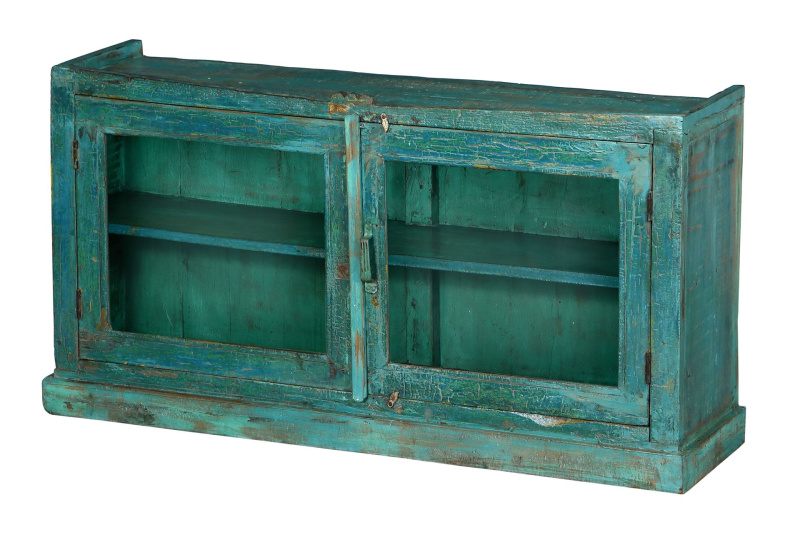 Sanu Babu Stará prosklená skříňka z teakového dřeva, 123x33x64cm