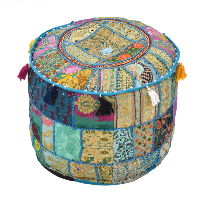 Sanu Babu Taburet z Rajasthanu s bohatou Ari výšivkou, průměr 47cm výška 35cm patchwork (CQ)