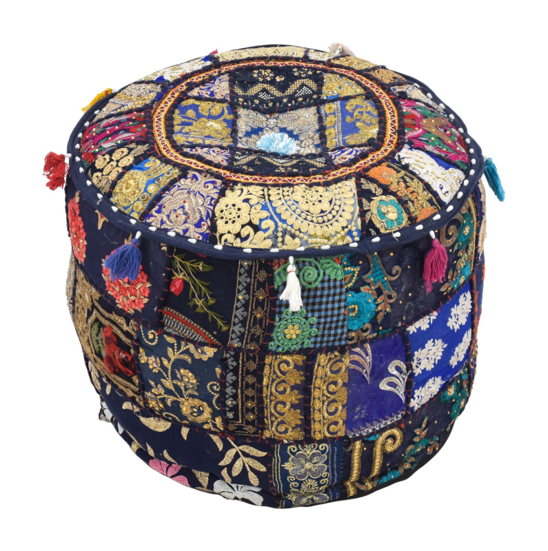Sanu Babu Taburet z Rajasthanu s bohatou Ari výšivkou, průměr 47cm výška 35cm patchwork (CR)