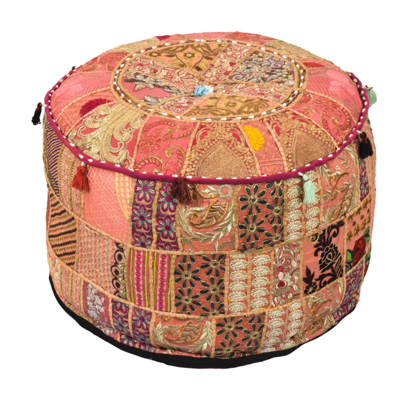 Sanu Babu Taburet z Rajasthanu s bohatou Ari výšivkou, průměr 54cm výška 40cm patchwork