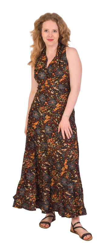 Sanu Babu Dlouhé šaty bez rukávů, s francouzským límcem a volánem, květinový potisk (7S) L/XL , Černá