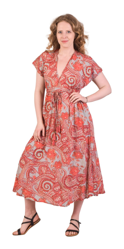 Sanu Babu Dlouhé šaty s krátkým rukávem, guma a šňůrka v pase s potiskem (6A) FREE , Růžová