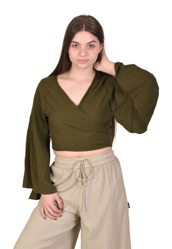 Sanu Babu Krátká halena s dlouhým rukávem do zvonu, zavazovací, khaki zelená FREE , Zelená