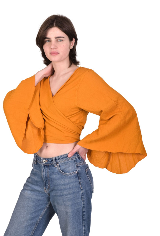 Sanu Babu Krátká halena s dlouhým rukávem do zvonu, zavazovací, medově žlutá FREE , Žlutá