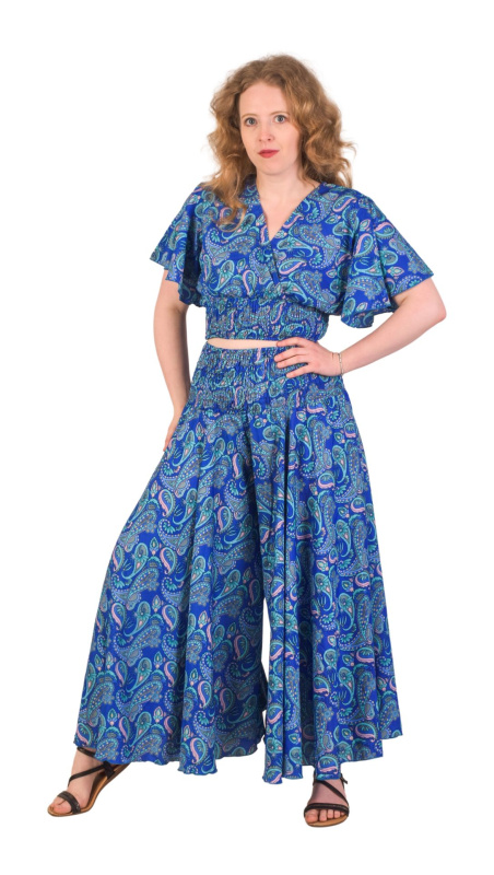 Sanu Babu Kalhotový set, široké nohavice a crop top s krátkým rukávem, s potiskem (0B) FREE , Modrá