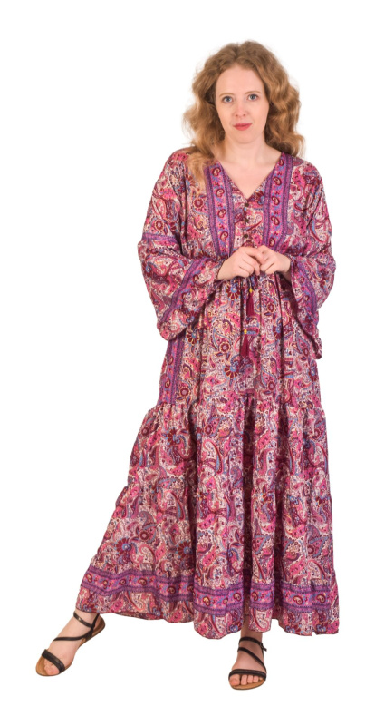 Sanu Babu Dlouhé šaty s dlouhým rukávem a volánem, růžovo-fialové se zlatým potiskem FREE , Růžová