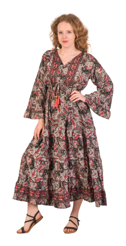 Sanu Babu Dlouhé šaty s dlouhým rukávem a volánem, růžovo-béžové se zlatým potiskem FREE , Růžová