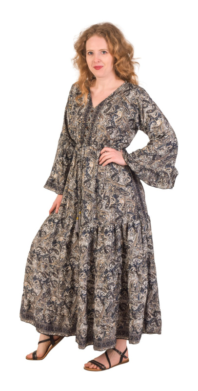 Sanu Babu Dlouhé šaty s dlouhým rukávem a volánem, modro-béžové se zlatým potiskem FREE , Modrá