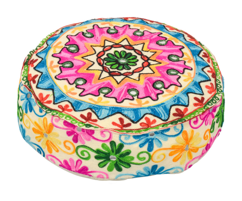 Sanu Babu Meditační polštář, ručně vyšívaný Kashmir Floral Design, kulatý 40x12cm (ZC)