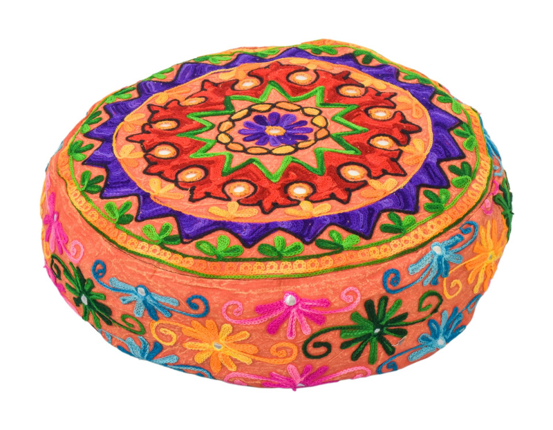 Sanu Babu Meditační polštář, ručně vyšívaný Kashmir Floral Design, kulatý 40x12cm (ZE)