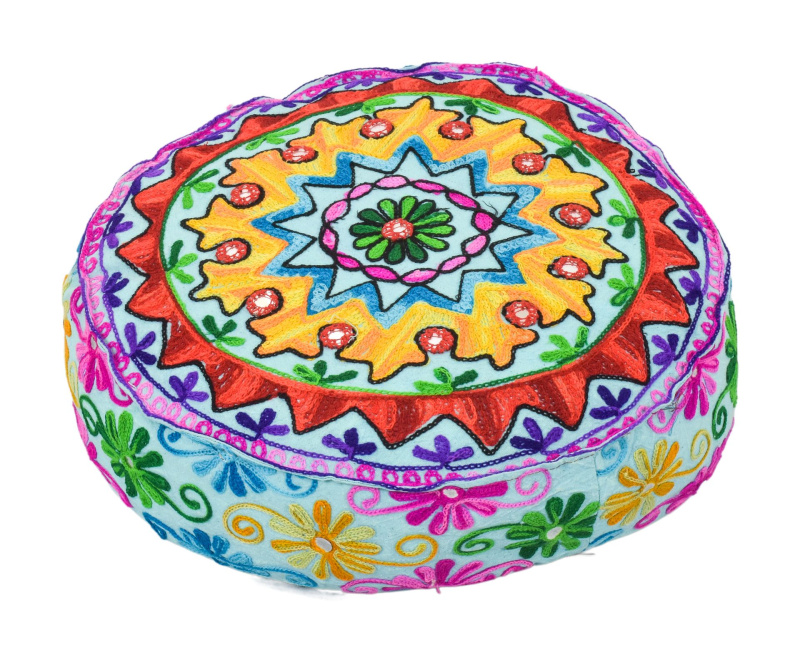 Sanu Babu Meditační polštář, ručně vyšívaný Kashmir Floral Design, kulatý 40x12cm (ZF)