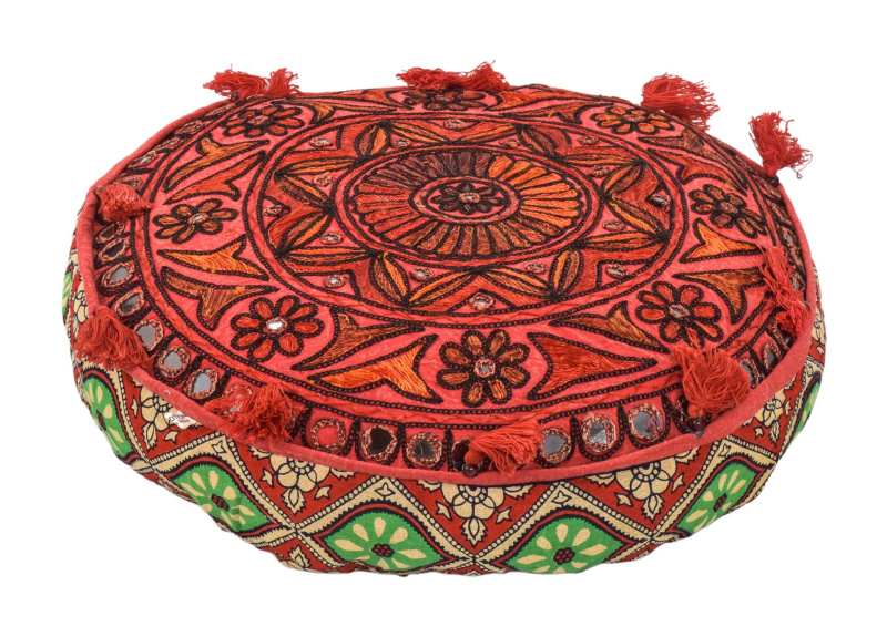 Sanu Babu Meditační polštář, ručně vyšívaný Gujarat Design, kulatý, 40x12cm (AZ)