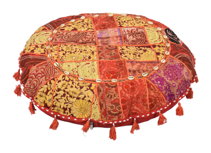 Sanu Babu Kulatý meditační polštář z Rajastanu, patchwork, bohatě zdobený, 60x20cm (AA)