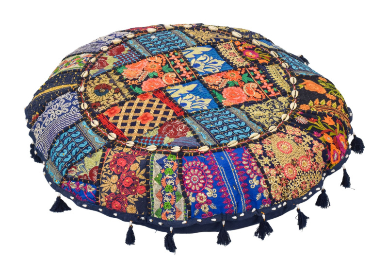Sanu Babu Kulatý meditační polštář z Rajastanu, patchwork, bohatě zdobený, 60x20cm (AE)