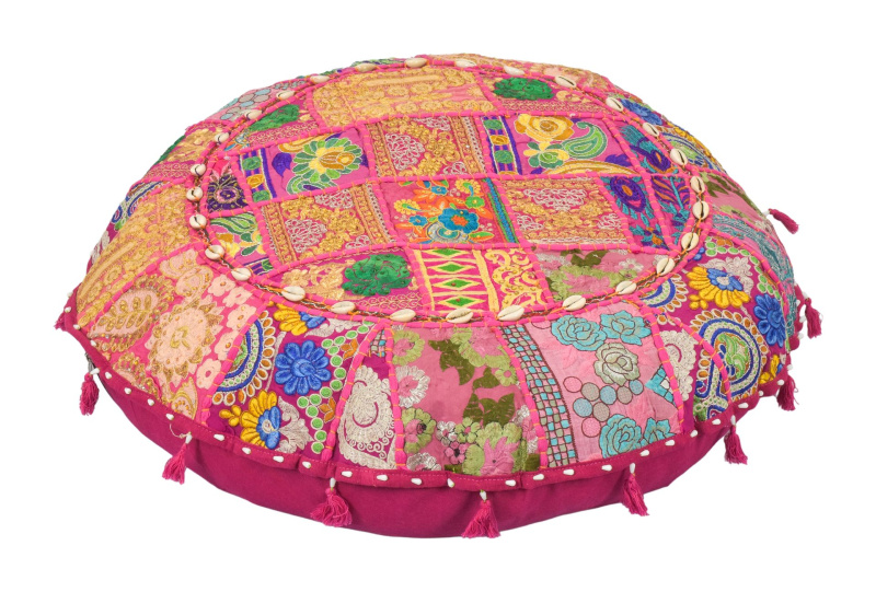 Sanu Babu Kulatý meditační polštář z Rajastanu, patchwork, bohatě zdobený, 60x20cm (AG)