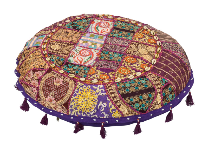 Sanu Babu Kulatý meditační polštář z Rajastanu, patchwork, bohatě zdobený, 60x20cm (AJ)