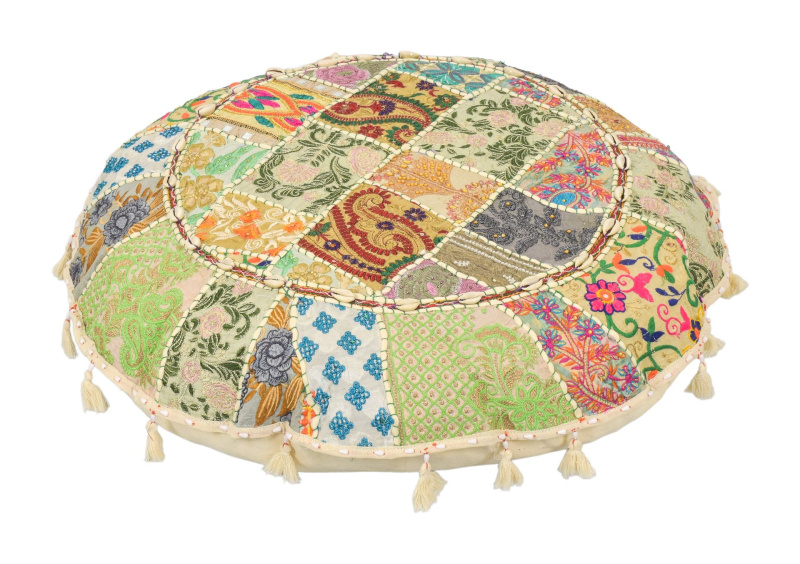 Sanu Babu Kulatý meditační polštář z Rajastanu, patchwork, bohatě zdobený, 60x20cm (AP)