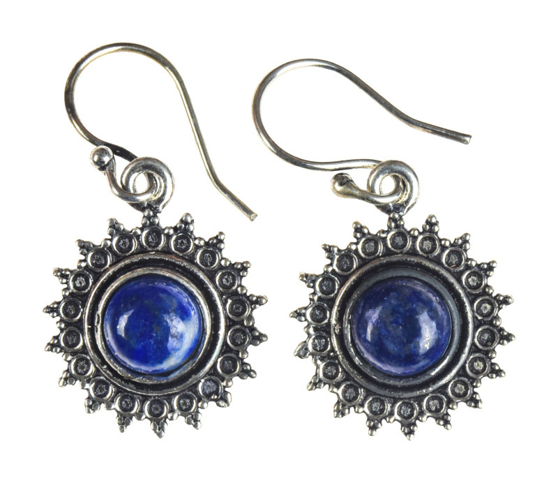 Sanu Babu Náušnice s polodrahokamem lapis lazuli, mandala, postříbřeno (10µm) délka 35mm