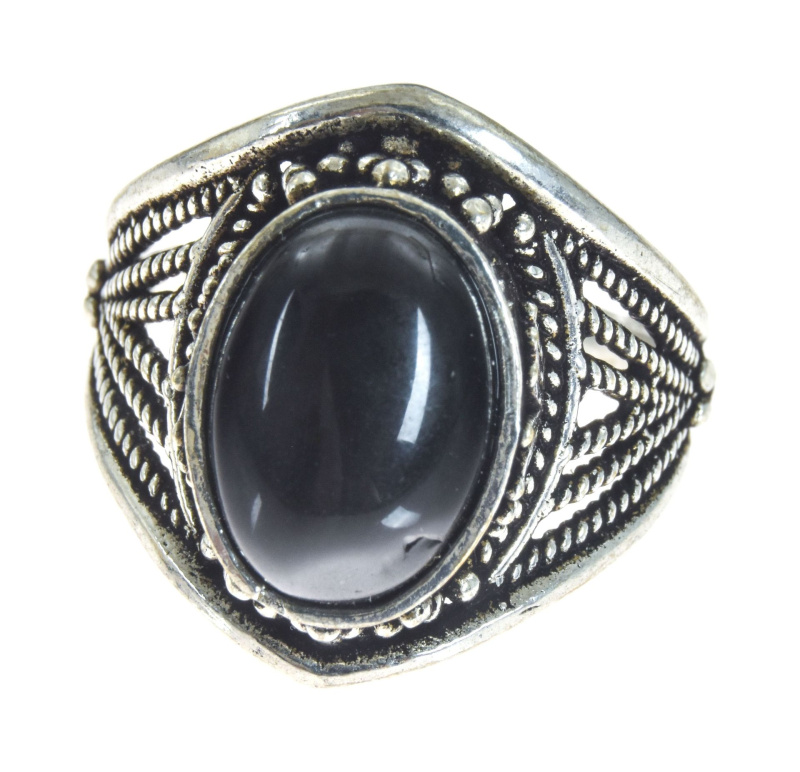 Sanu Babu Prsten s polodrahokamem, černý onyx, 24x15mm, zdobený, postříbřený 63