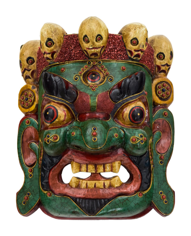 Sanu Babu Bhairab, dřevěná maska, zdobená polodrahokamy, 22cm