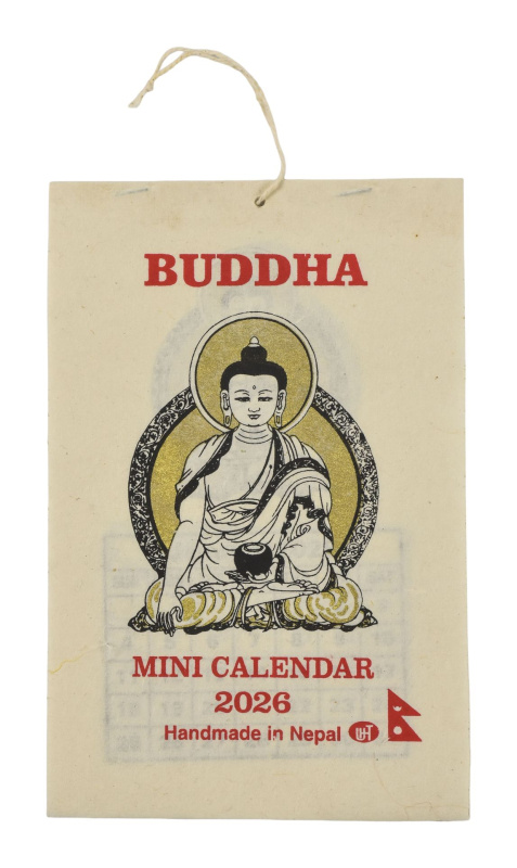 Sanu Babu Kalendář Buddha 2026, ručně tištěný na rýžovém papíru, zlatotisk, 10x15cm