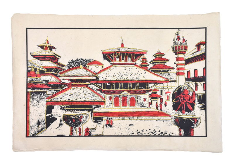 Sanu Babu Tisk Buddhistický chrám ručně malovaný, kolorovaný, ruční papír 50x75 cm