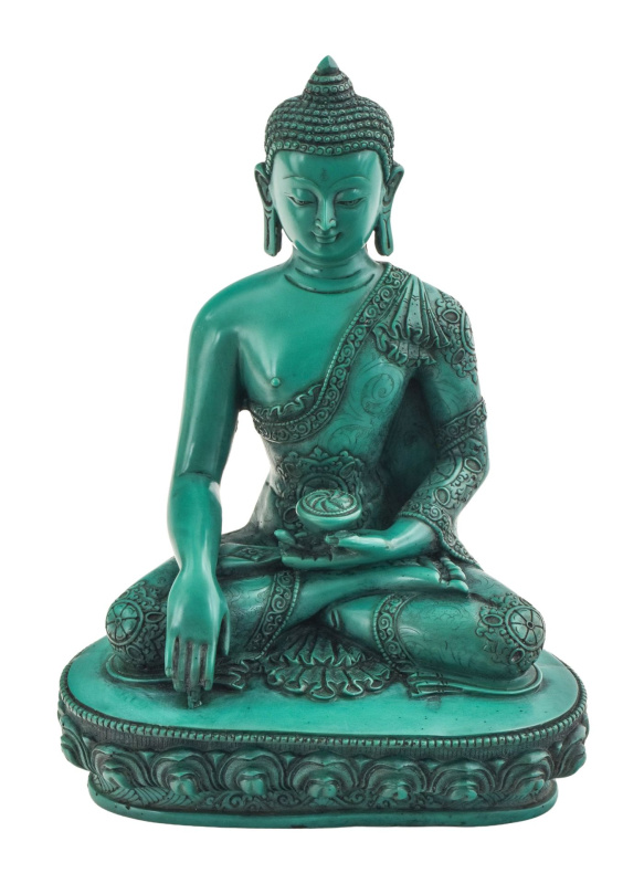 Sanu Babu Buddha Šákjamuni, ručně vyřezávaná soška, tyrkysová antik patina, 28cm