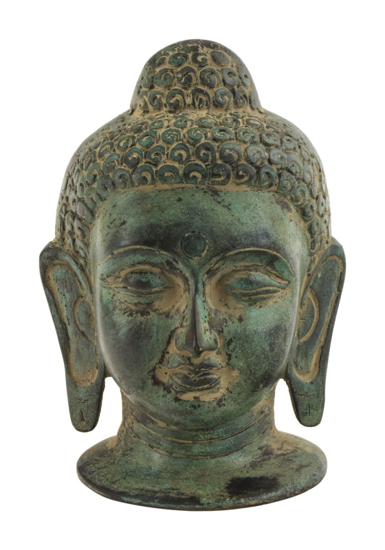 Sanu Babu Buddhova hlava, mosazná, zelená patina, 15cm