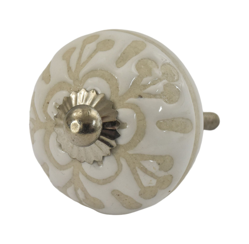 Sanu Babu Malovaná porcelánová úchytka na šuplík, krémově bílá, stříbrný plíšek, 4,5 cm (1P)