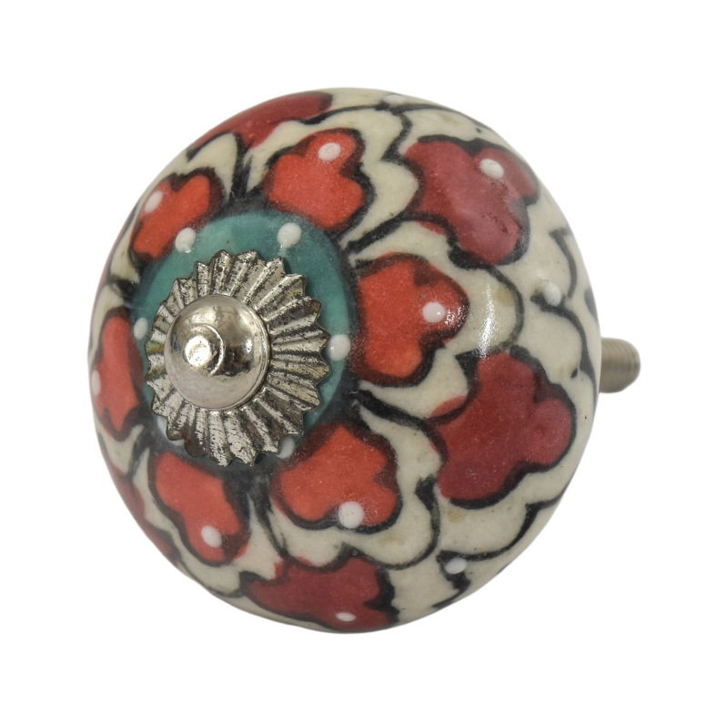Sanu Babu Malovaná porcelánová úchytka na šuplík, červená mandala, stříbrný plíšek, 4,5 cm