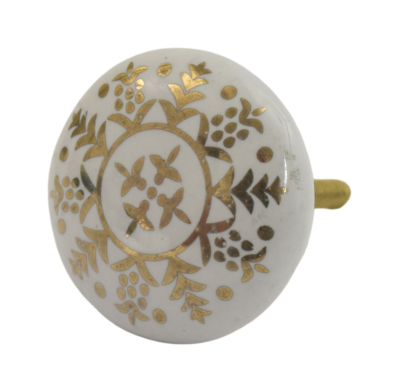 Sanu Babu Malovaná porcelánová úchytka na šuplík, bílá, jemný zlatý vzor 4cm (HA)