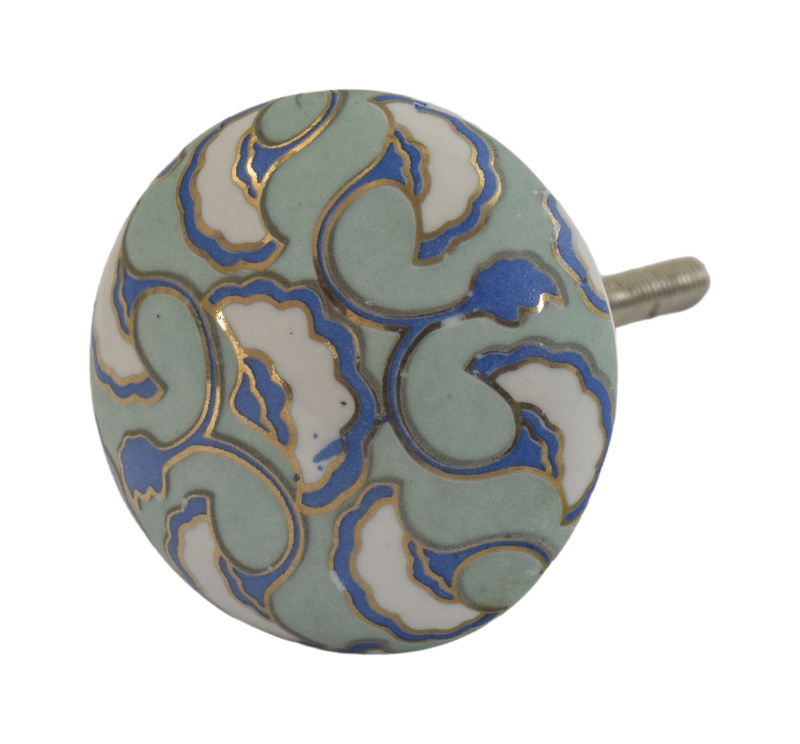 Sanu Babu Malovaná porcelánová úchytka na šuplík, zlato-modrý design, bílý podklad (1U)