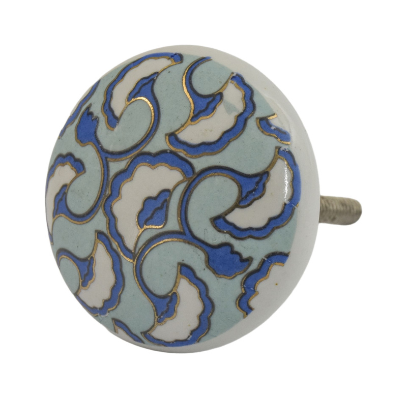 Sanu Babu Malovaná porcelánová úchytka na šuplík, zlato-modrý design, bílý podklad (1V)