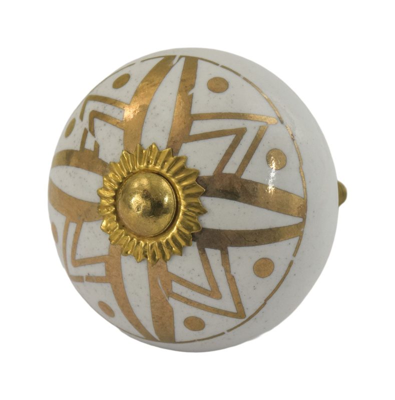 Sanu Babu Malovaná porcelánová úchytka na šuplík, bílá, jemný zlatý vzor 4cm (HB)