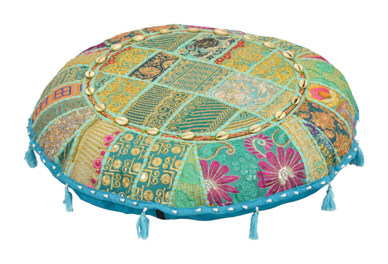 Sanu Babu Meditační polštář z Rádžasthánu, zdobený mušličkami, kulatý, 55x10cm (AN)