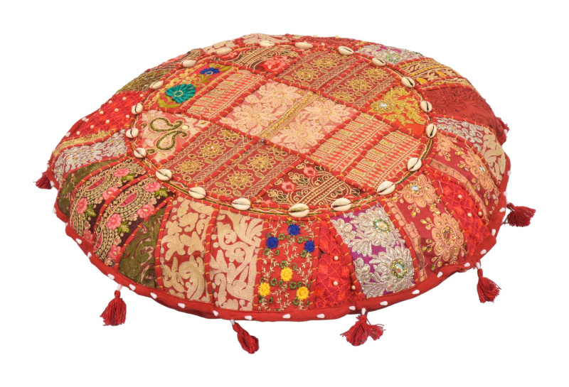 Sanu Babu Meditační polštář z Rádžasthánu, zdobený mušličkami, kulatý, 55x10cm (BA)