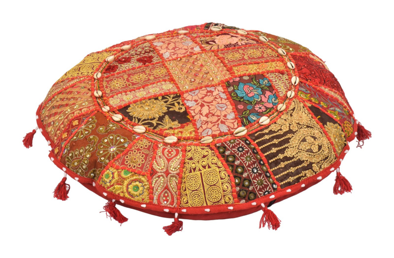 Sanu Babu Meditační polštář z Rádžasthánu, zdobený mušličkami, kulatý, 55x10cm (BK)