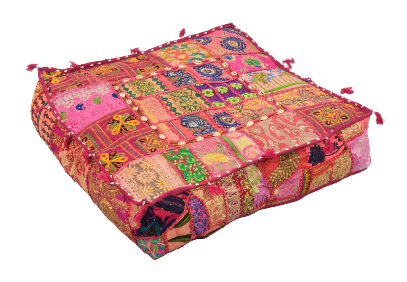 Sanu Babu Meditační polštář ručně vyšívaný patchwork, s mušličkami, čtverec, 60x60x10cm (YQ)