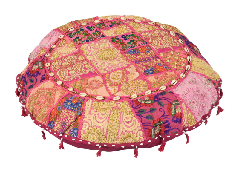 Sanu Babu Meditační polštář, ručně vyšívaný Kutch Design, s mušličkami, kulatý, 70x15cm (CL)
