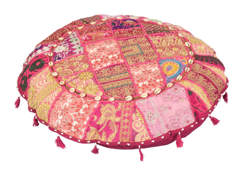 Sanu Babu Meditační polštář, ručně vyšívaný Kutch Design, s mušličkami, kulatý, 70x15cm (CM)