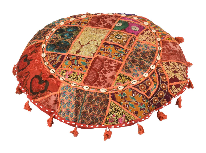Sanu Babu Meditační polštář, ručně vyšívaný Kutch Design, s mušličkami, kulatý, 70x15cm (DC)