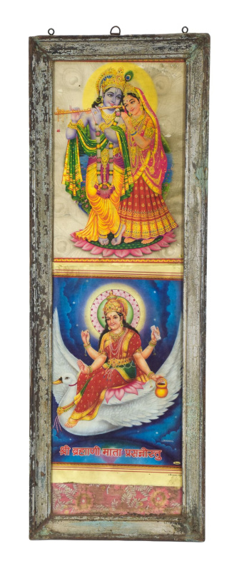 Sanu Babu Krišna a Radha, Šrí Brahmi Mata, starý obraz v teakovém rámu, 39x109cm