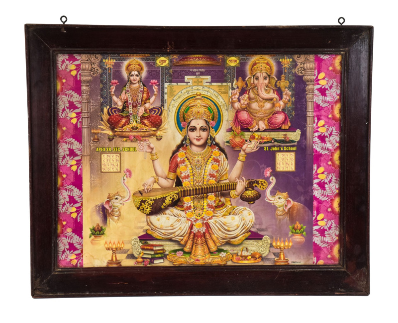 Sanu Babu Lakšmí, Saraswatí, Ganéš, starý obraz v teakovém rámu, 71x56cm