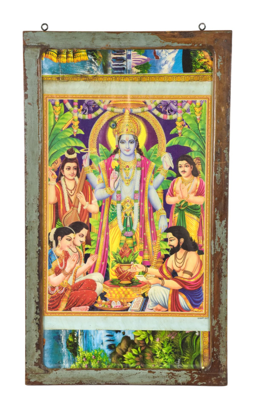 Sanu Babu Višnu, starý obraz v teakovém rámu, 41x70cm