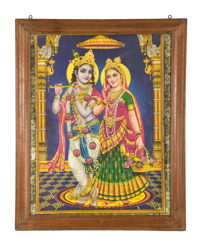 Sanu Babu Krišna a Radha, starý obraz v teakovém rámu, 66x81cm