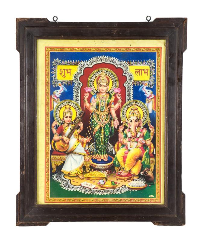 Sanu Babu Lakšmí, Saraswatí, Ganéš, starý obraz v teakovém rámu, 48x59cm