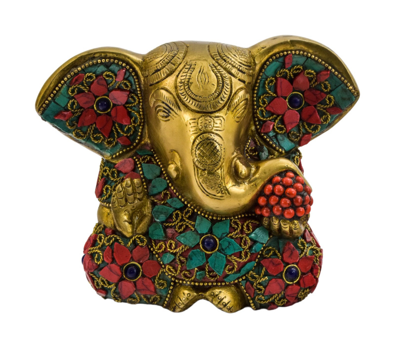 Sanu Babu Ganéš, mosazná socha zdobená polodrahokamy, 12cm