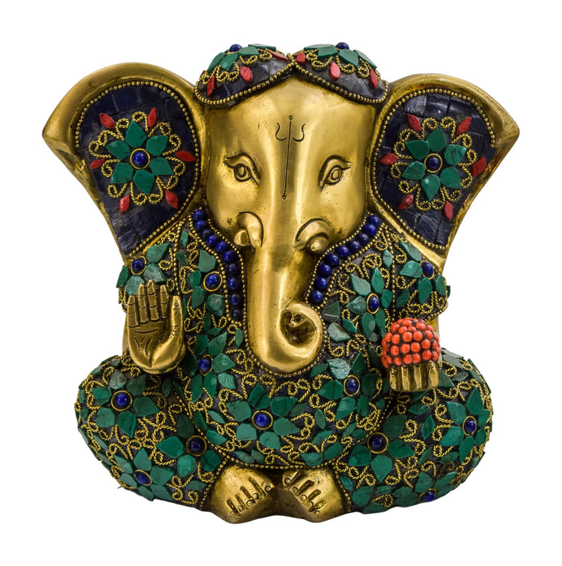 Sanu Babu Ganéš, mosazná socha zdobená polodrahokamy, 18cm
