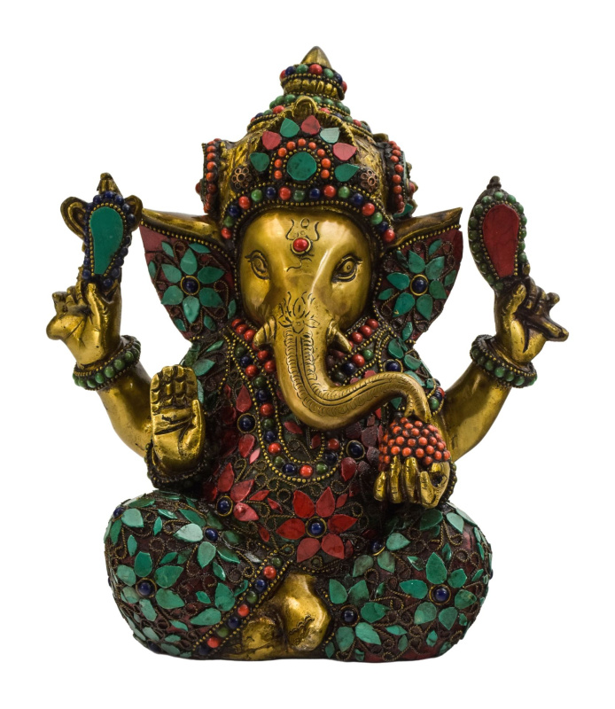 Sanu Babu Ganéš, mosazná socha zdobená polodrahokamy, 22cm