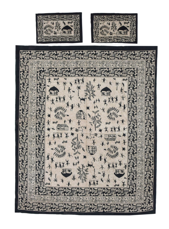 Sanu Babu Černo béžový přehoz na postel, 2 polštáře, 220x260cm (0T)